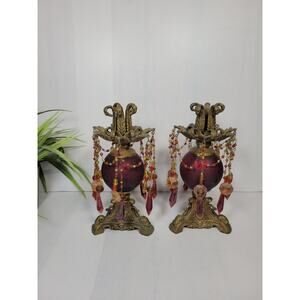 2 Vintage Baroque Candle Holders Bombay Beaded Ruby Red Brass Candlesticks